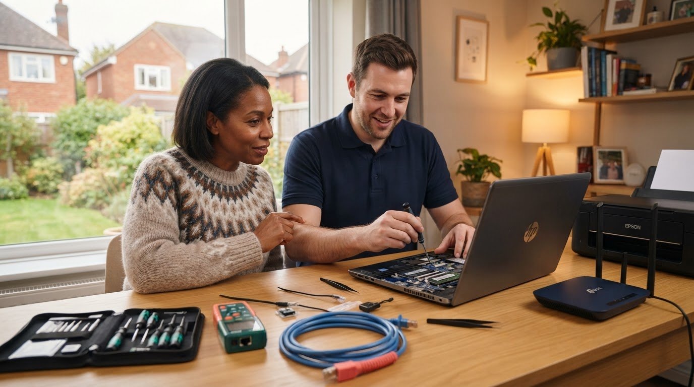 An illustration of a technician helping a customer with a laptop at home